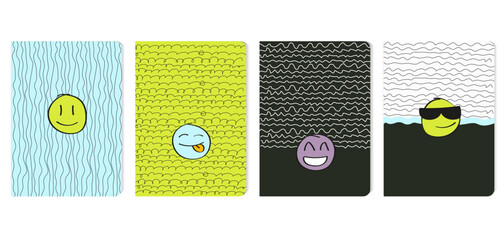 
Notebook, notes or book covers. Trendy covers with smiley pattern. Front pages with texture geometric design.Trendy backgrounds