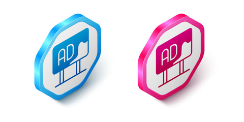 Isometric Advertising icon isolated on white background. Concept of marketing and promotion process. Responsive ads. Social media advertising. Hexagon button. Vector
