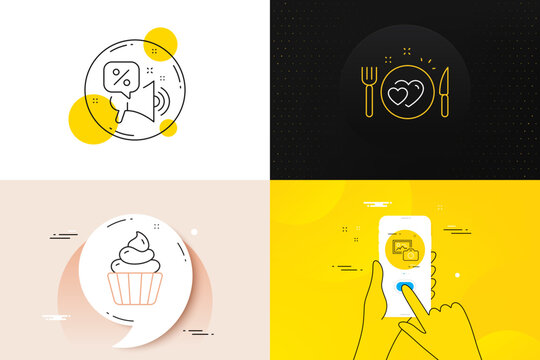 Minimal set of Romantic dinner, Photo camera and Cupcake line icons. Phone screen, Quote banners. Discounts offer icons. For web development. Love food, Image photography, Sweet cake. Vector