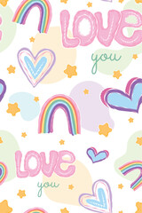 Colored seamless pattern background with heart shapes and rainbows Vector