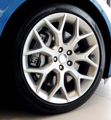 Low profile tire on multi-spoke sports vehicle rim angle view