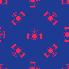 Red Oil pipe with valve icon isolated seamless pattern on blue background. Vector