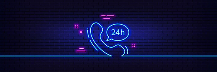 Fototapeta na wymiar Neon light glow effect. 24 hour service line icon. Call support sign. Feedback chat symbol. 3d line neon glow icon. Brick wall banner. 24h service outline. Vector