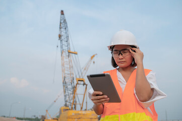 Civil engineers working at a construction site,The company manager supervises the road construction.