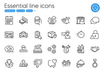Approved app, Star and Calendar line icons. Collection of Stress, Medal, Fair trade icons. Clothing, Gears, Card web elements. Notification cart, Messenger, Atm money. Parcel tracking. Vector