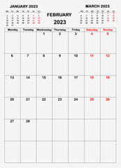 White calendar for February 2023 with previous and next months. New year 2023 concept