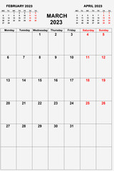 White calendar for March 2023 with previous and next months. New year 2023 concept