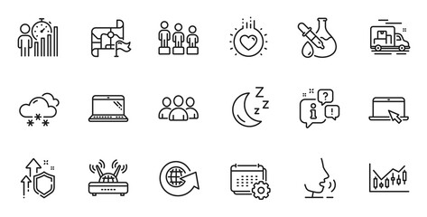 Outline set of Destination flag, Laptop and Love line icons for web application. Talk, information, delivery truck outline icon. Vector