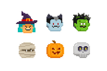 Witch, Mummy, Vampire, Skull and Zombie in pixel art game style. Pixel witch head. 8-bit skull and pumpkin head. Retro game style Happy halloween vector collection. Funny halloween characters