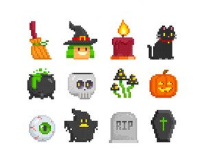 Pixel art set of cute characters for Halloween design. Witch, ghost, night cat, skull, pumpkin, coffin, tombstone. Vector illustration in 8-bit game style. Funny Pixel Art Happy Halloween set 