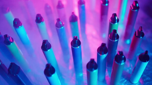 Lots of E-Cigarettes and Vapes with Smoke in Neon Lighting. Concept of Bad Habits. Modern Smoking Electronic Cigarettes. Slow Motion