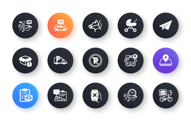 Minimal set of Pin, Secret package and Flight time flat icons for web development. Flight mode, Baby carriage, Inventory report icons. Dog leash, Parcel checklist, Bus parking web elements. Vector