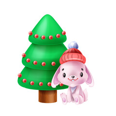 New Year 2023 rabbit, winter holiday symbol, vector cute cartoon Chinese bunny, Christmas tree. Little children greeting hare adorable asian character, red hat. Cartoon pink rabbit mascot clipart