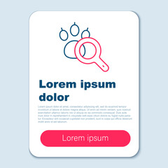 Line Paw search icon isolated on grey background. Magnifying glass with animal footprints. Colorful outline concept. Vector