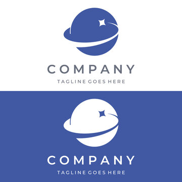 Space planet template logo vector design surrounded by rings or orbits. For posters, business cards, space science.