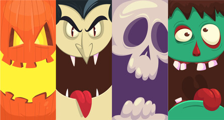 Halloween funny faces set of four characters. Cartoon heads of grim reaper, pumpkin Jack o lntern zombie, vampire and mummy. Vector illustration isolated. Party decoration or package design. - obrazy, fototapety, plakaty