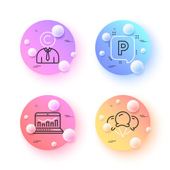 Copyrighter, Web analytics and Ice creams minimal line icons. 3d spheres or balls buttons. Parking icons. For web, application, printing. Writer person, Statistics, Vanilla waffle. Auto park. Vector