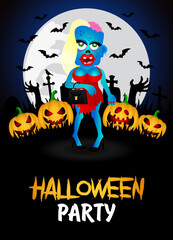 Halloween party banner. Poster with zombie girl in the cemetery and funny pumpkins