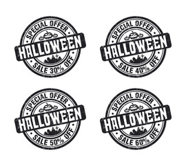Halloween sale black grunge stamp set. Special offer sale 30, 40, 50, 60 percent off