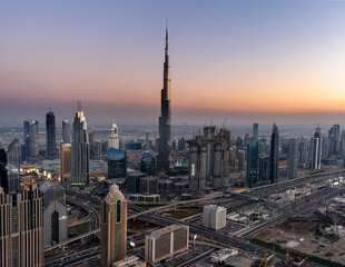 Fototapeta na wymiar Aerial sunset view of Dubai Skyline Burj Khalifa
