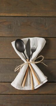 Vertical video of cutlery and cloth lying on wooden surface