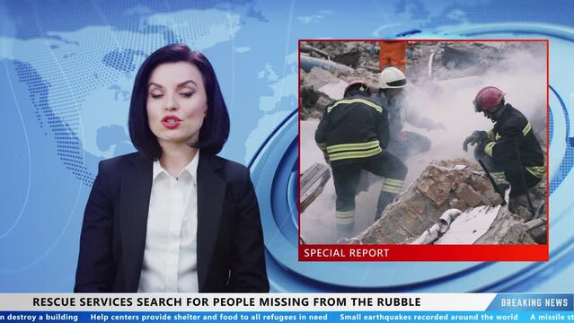 Female news anchor reporting information in live news TV program about searching operation for missing people under the rubble of destroyed building