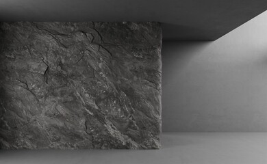 Empty concrete room with rock texture wall, cement dark wall, presentation background, stone wall. 3d render, illustration