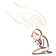 man cries and prays on his knees, and the hand of a merciful God comforts him