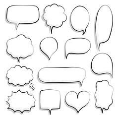 collection set of blank  black and white hand drawing speech bubble balloon, think speak talk text box, banner with shadow, flat vector illustration design