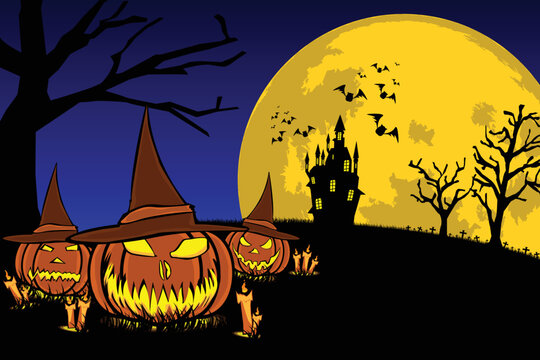 Scary Halloween Pumpkins with Silhouette Castle and Big Full Moon Background