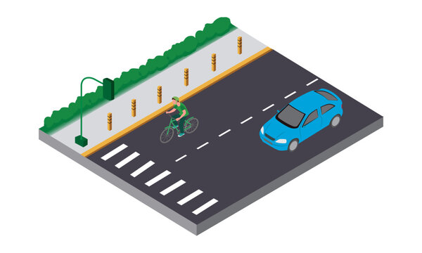 Calle isom&eacute;trico, con un carro y una persona en una bicicleta, con l&iacute;nea peatonal y arbustos