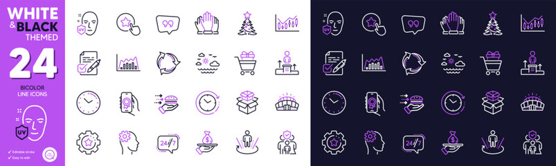 Settings gear, Loyalty star and Shopping trolley line icons for website, printing. Collection of Uv protection, Time change, Engineering icons. Time, Business podium, Loan web elements. Vector