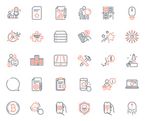 Technology icons set. Included icon as Gps, Spanner tool and Communication web elements. Bitcoin, Swipe up, Star rating icons. Search people, Company, Innovation web signs. Vector