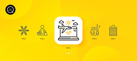 Fototapeta na wymiar Sleep, Buyer and Shopping bag minimal line icons. Yellow abstract background. Snowflake, Airplane travel icons. For web, application, printing. Vector