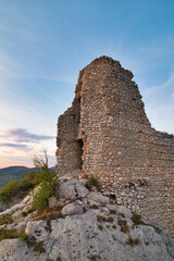 A ruin of castle Sirotci hradek in Moravia region, sunset light.