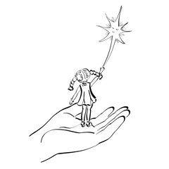 God raises a little girl on his hand to touch a smiling Christmas star, black pattern