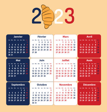French calendar for 2023. Croissant paistry