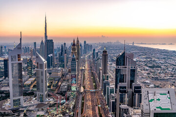 Aerial sunset Dubai view of Sheikh Zayed Road