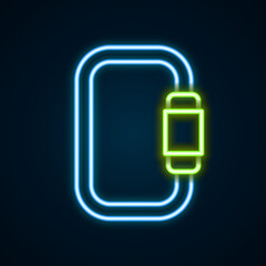 Glowing neon line Carabiner icon isolated on black background. Extreme sport. Sport equipment. Colorful outline concept. Vector