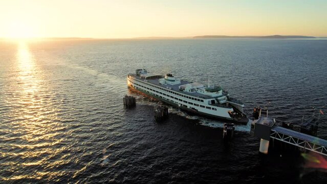 Cinematic Aerial View of Washington State Ferry Boat Arrival
