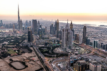 Fototapeta na wymiar Aerial sunset view of Burj Khalifa Persian Gulf