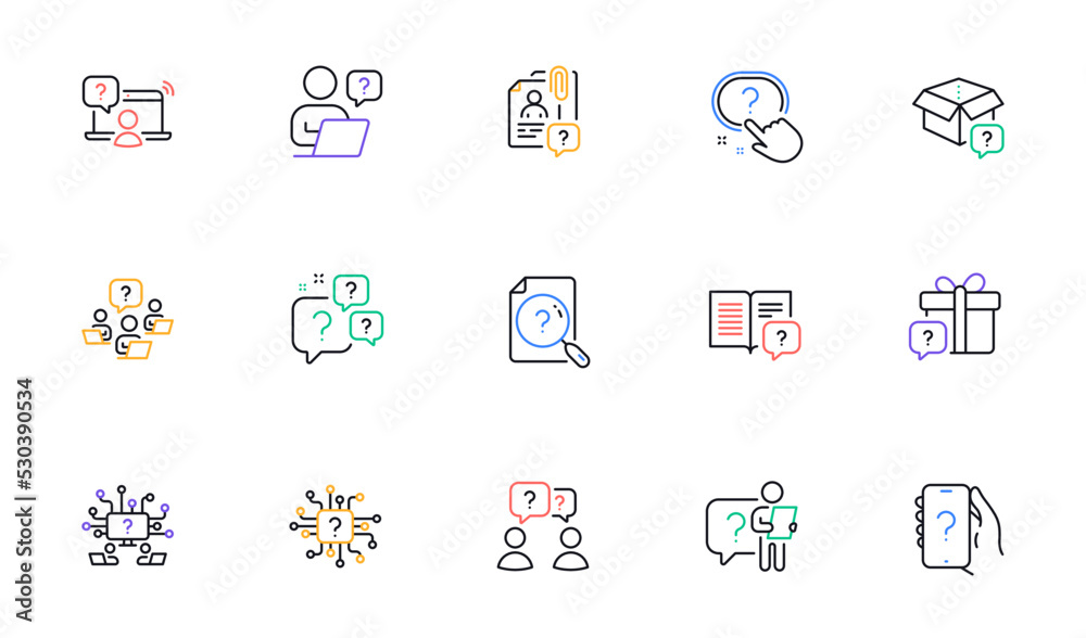 Poster questions line icons. artificial intelligence computer, phone with question mark, problem solve. qui