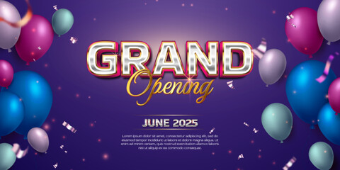 Grand opening celebration banner with realistic colorful balloons and golden confetti, serpentine and blue background