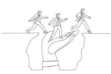 Illustration of giant hand help business people cross the problem gap. metpahor for supportive manager mentor or coach, leadership guide correct path. One line style art