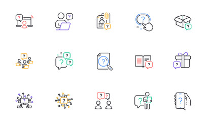 Questions line icons. Artificial Intelligence computer, phone with Question mark, Problem solve. Quiz, faq guide, job interview line icons. Ask person, question chat bubble. Vector
