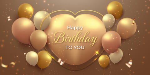 Fototapeta na wymiar Happy Birthday background with pink golden floating balloons and 3d realistic heart shape