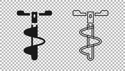 Black Hand ice drill for winter fishing icon isolated on transparent background. Vector