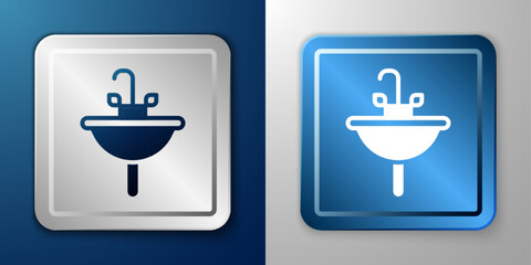 White Washbasin with water tap icon isolated on blue and grey background. Silver and blue square button. Vector