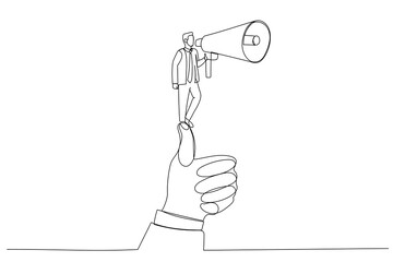 Drawing of businessman holding a megaphone standing on a huge thumb, metaphor for leader speech. Single line art style