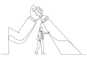 Cartoon of big hand holding a flashlight uncovering hidden arrow sign for businessman. Continuous line art